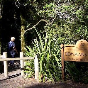 The track entrance off Ruru Avenue, with a wooden sign carved by Roger Sutton noting QEII National Trust protection.