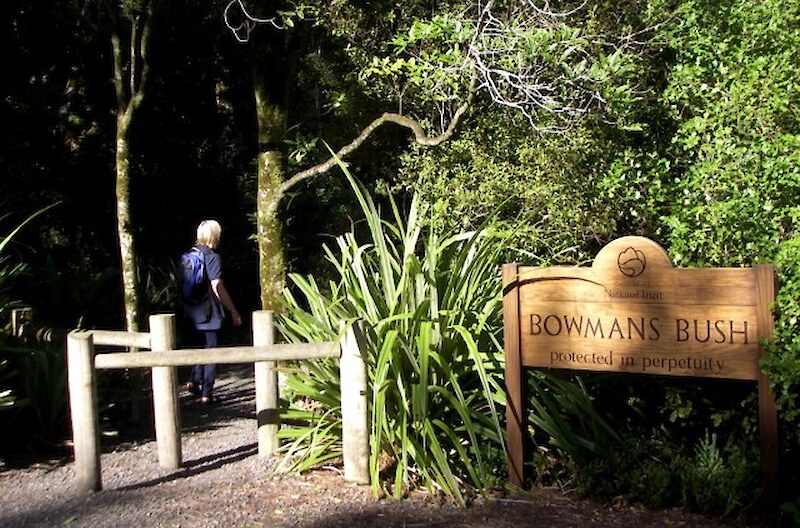 The track entrance off Ruru Avenue, with a wooden sign carved by Roger Sutton noting QEII National Trust protection.