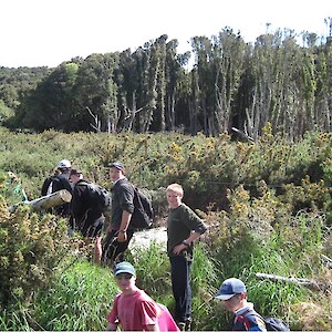 Following the removal of a pine plantation, gorse established. Menzies College explored the area, lead by Environment Southland's Senior Land Sustainability Officer, Gary Morgan. November 2011.